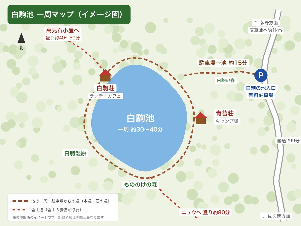 白駒池の一周マップ（駐車場・白駒荘・青苔荘・もののけの森・高見石への道のイメージ図）